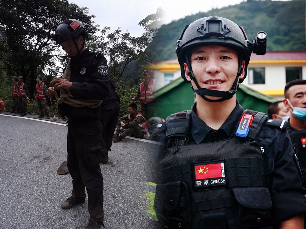 甘孜州特警支队作为首批救援力量到达震中所在地泸定县磨西镇.
